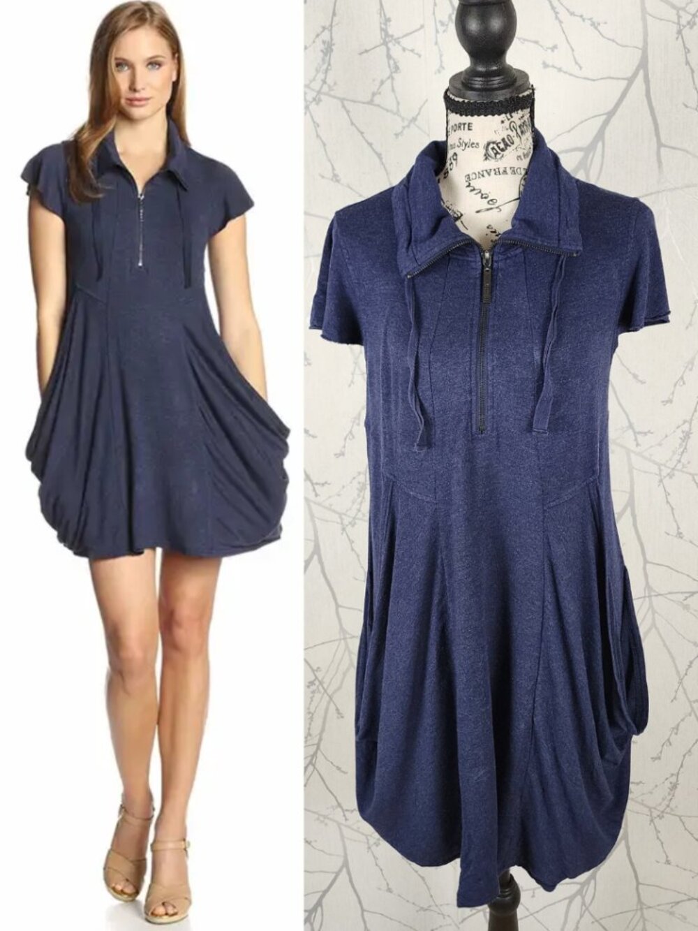 Kensie Stretch French Terry Half Zip Artsy Drape Pocket Dress